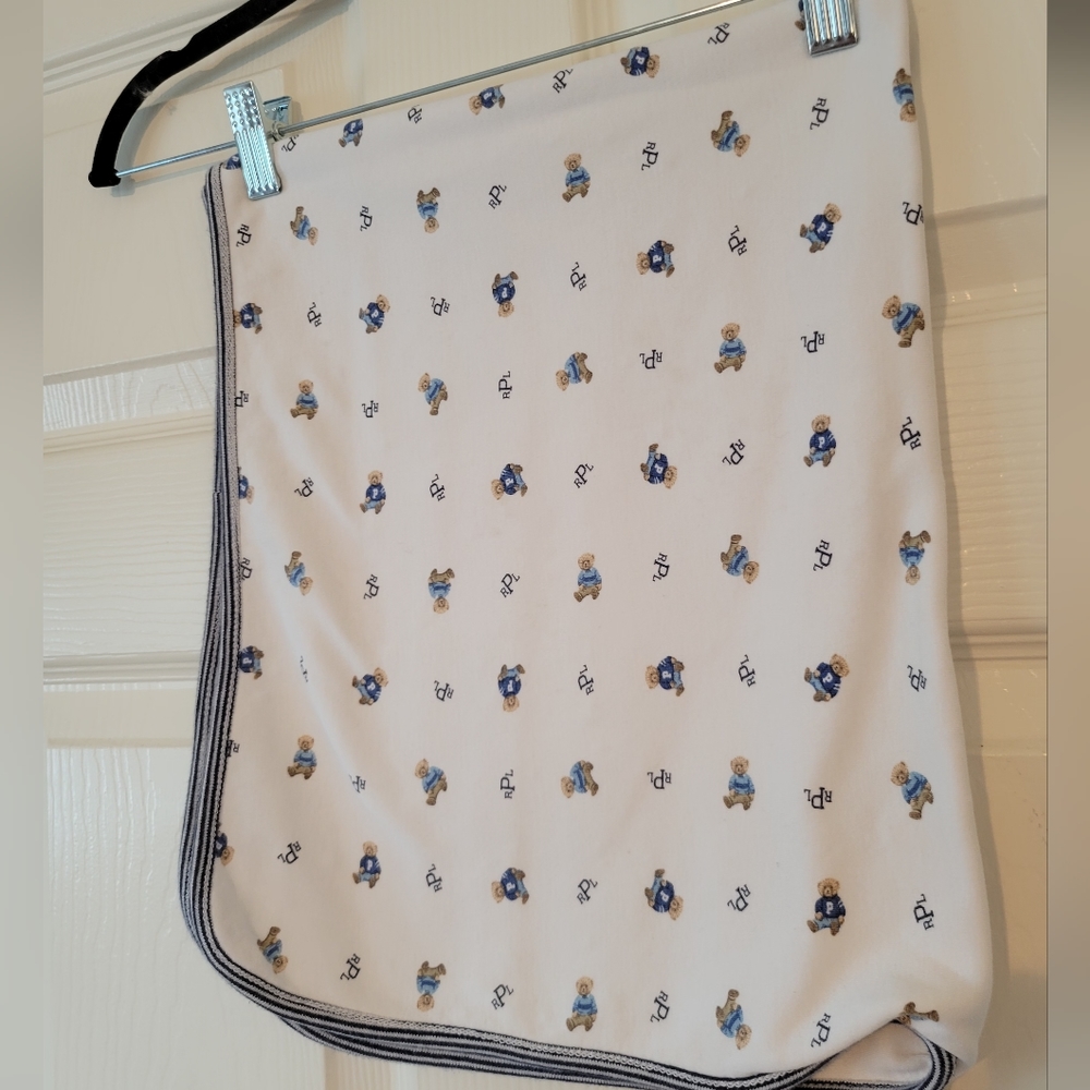 Ralph Lauren blue Teddy Bear Baby Security Blanket Blue White Cotton Logo